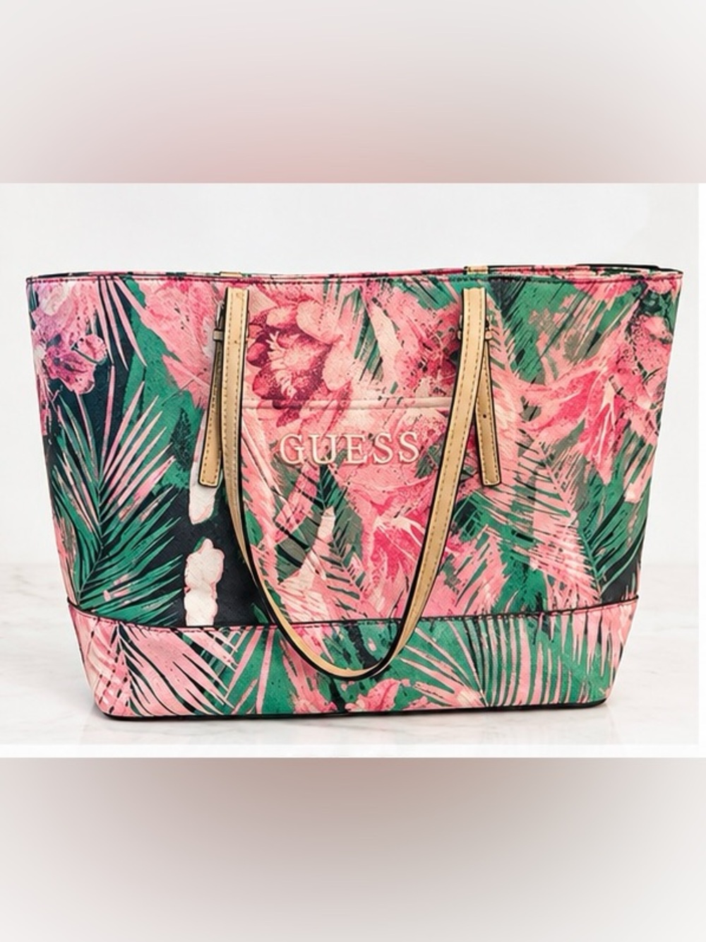 GUESS Tropical Pink & Green Floral Tote with Tan Straps